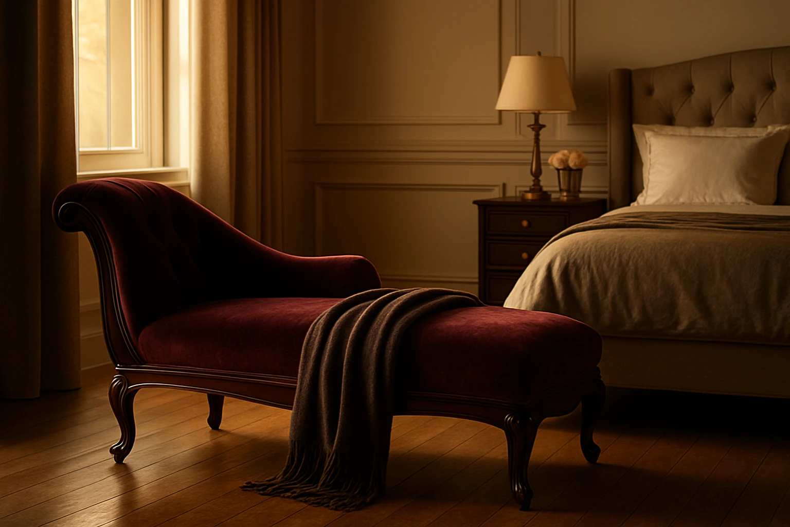 Elegant chaise lounge in bedroom