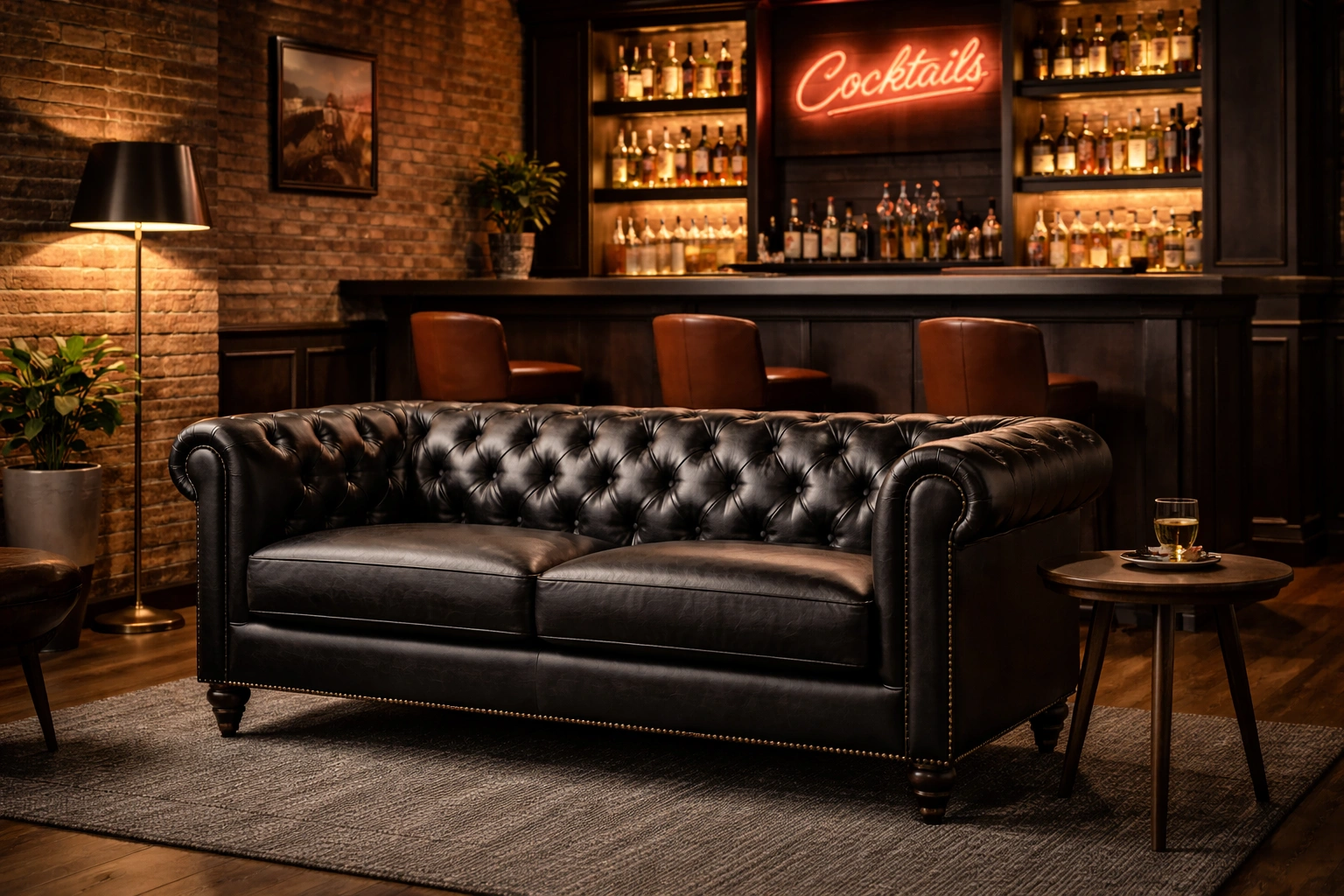 Chesterfield sofa in a basement bar or entertainment area