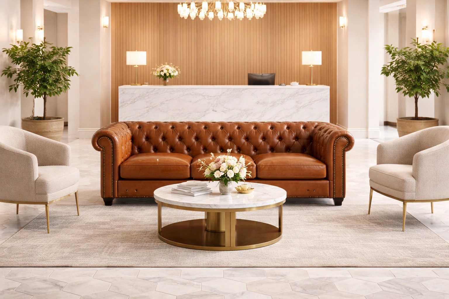 Chesterfield sofa in a boutique hotel lobby or reception area