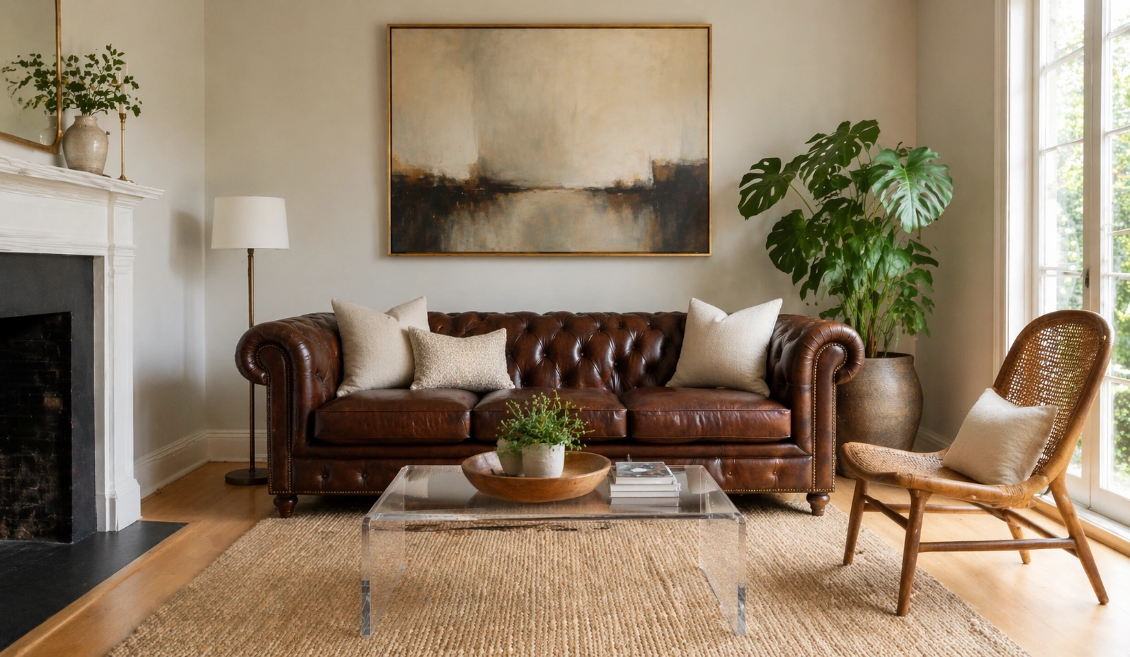 Chesterfield sofa styled in a modern living room with decorative accents