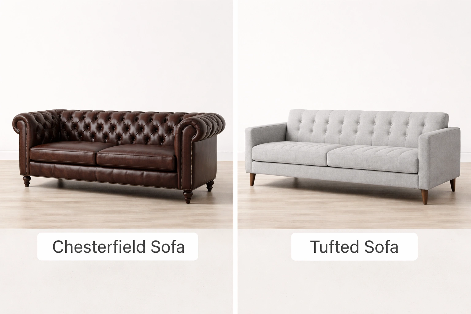 Side by side comparison of a standard tufted sofa and a classic chesterfield sofa