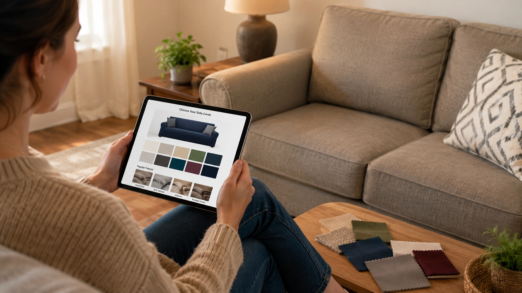 Person comparing different sofa cover options on a tablet