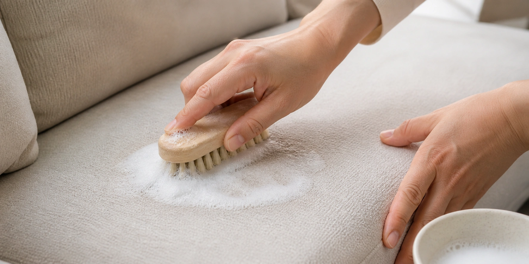 Vacuuming and spot cleaning a fabric sofa