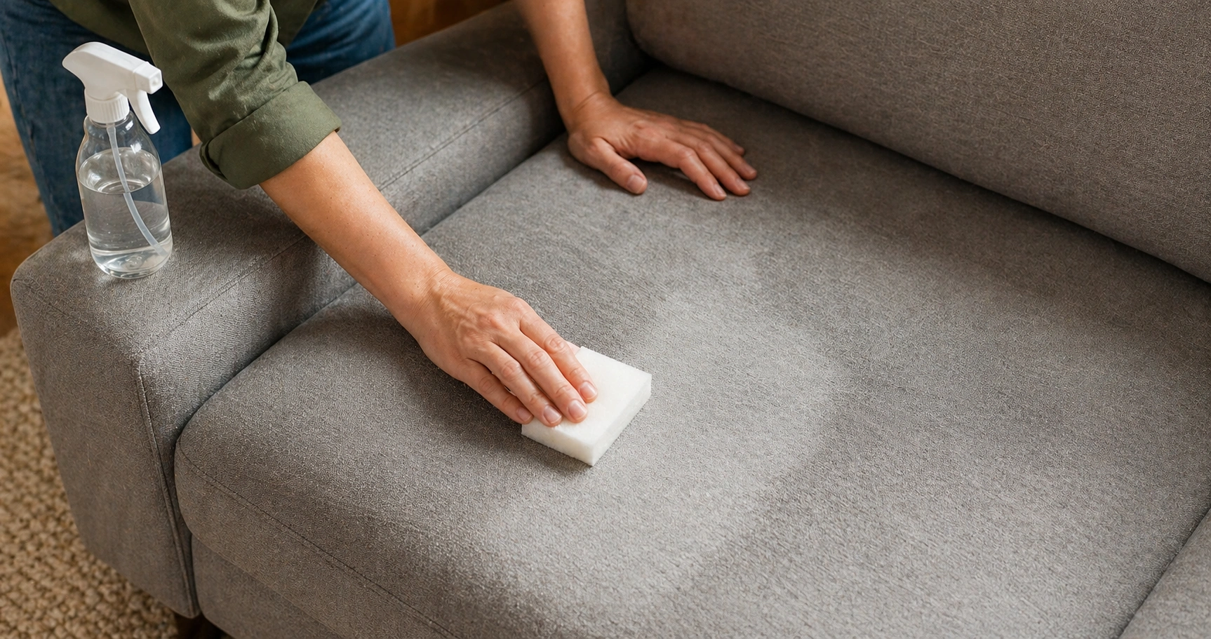 Hands cleaning a microfiber couch with a white sponge and rubbing alcohol in circular motions