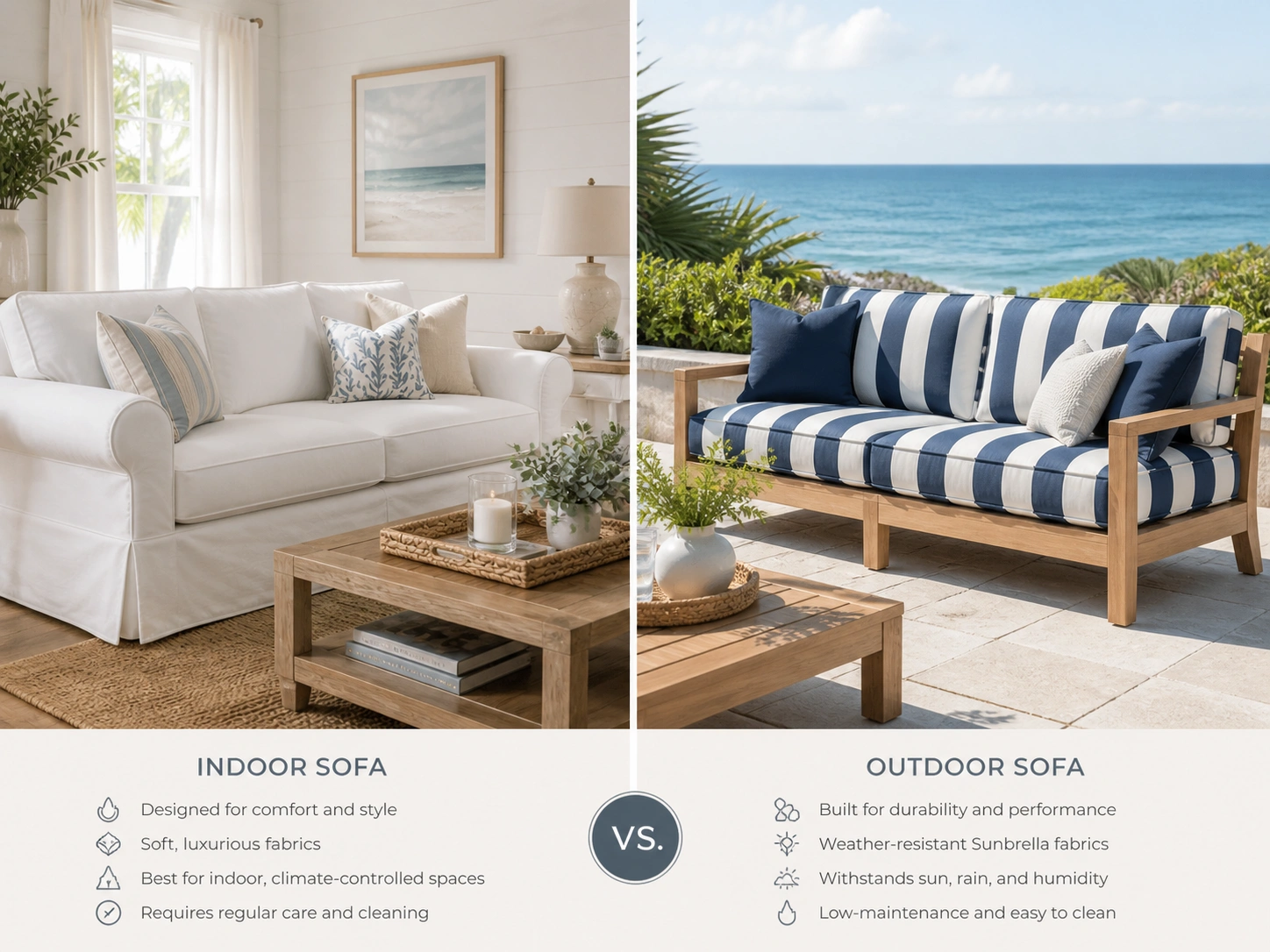 Side by side comparison of indoor coastal sofa and outdoor beach patio sofa