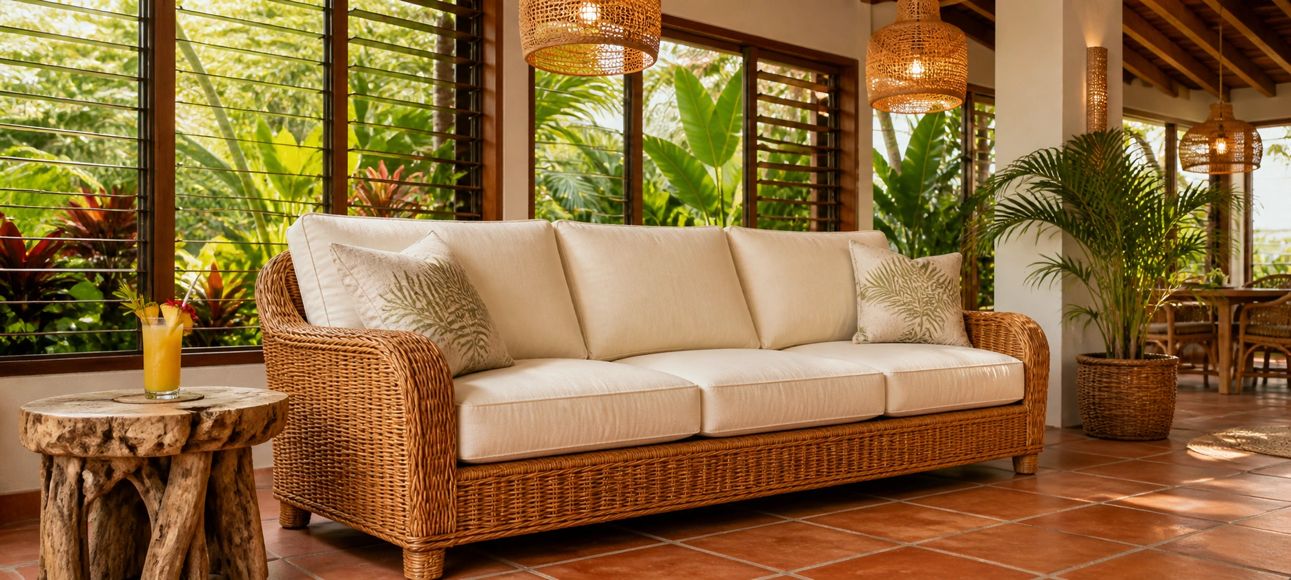 Rattan and wicker coastal sofa with natural woven texture