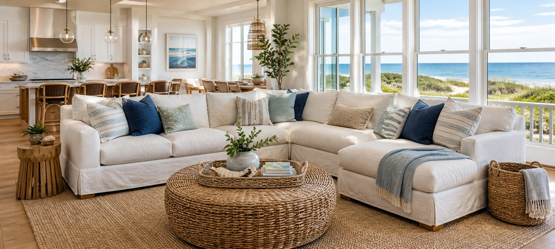 Large coastal sectional sofa in a spacious beach house family room