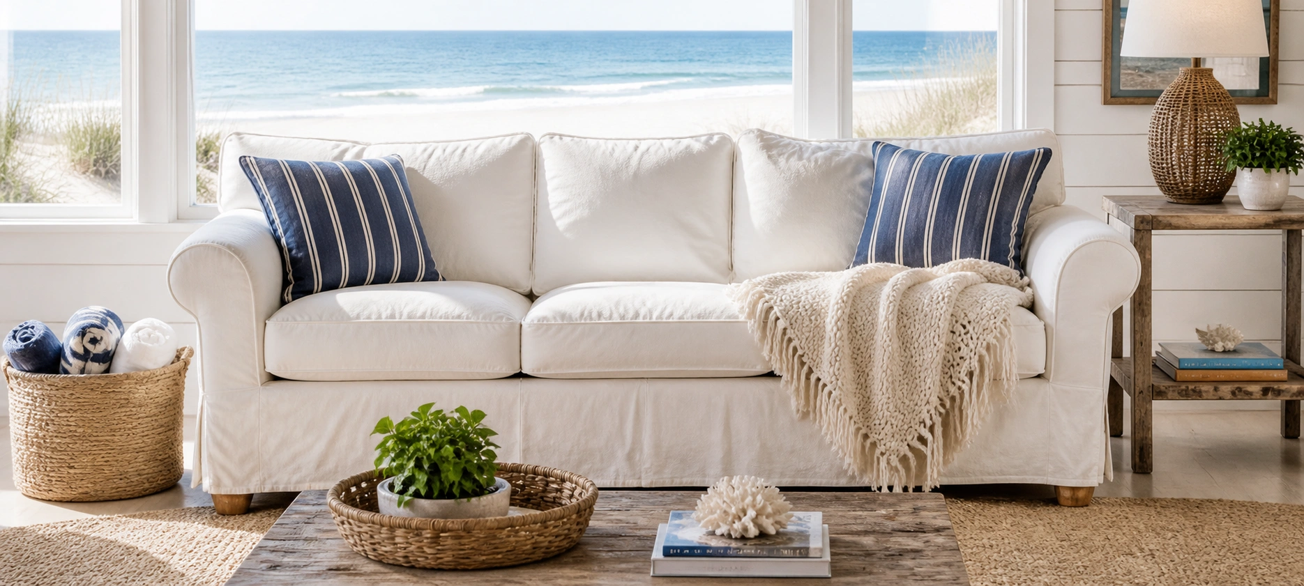White slipcovered sofa in a beach house living room with ocean view