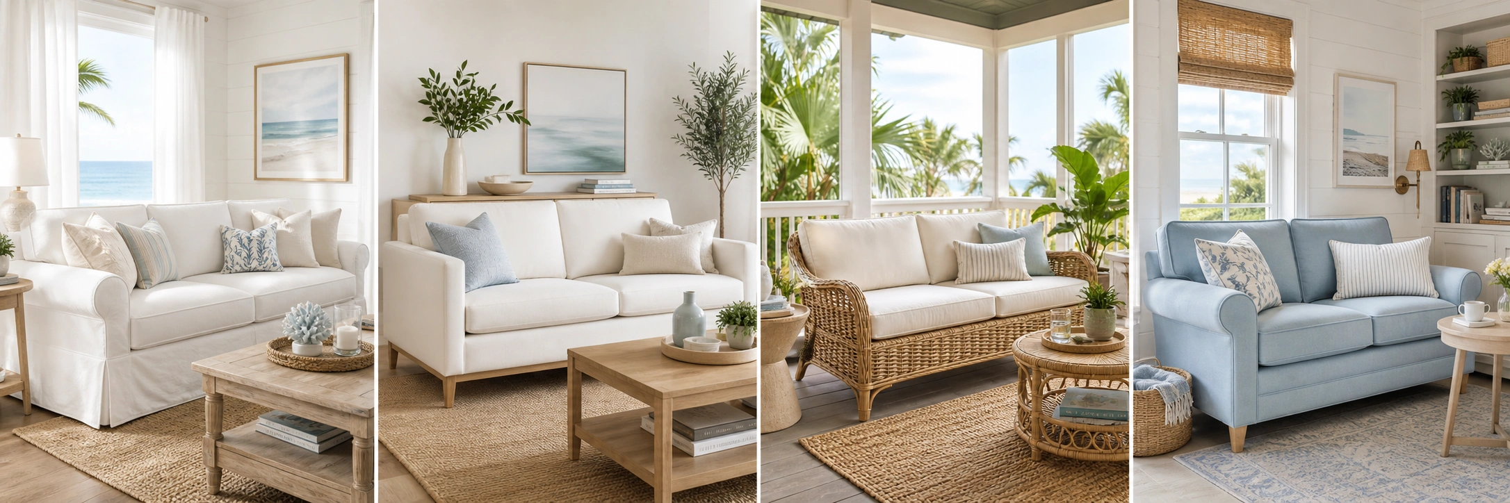 Collection of coastal sofa styles in different beach house living rooms
