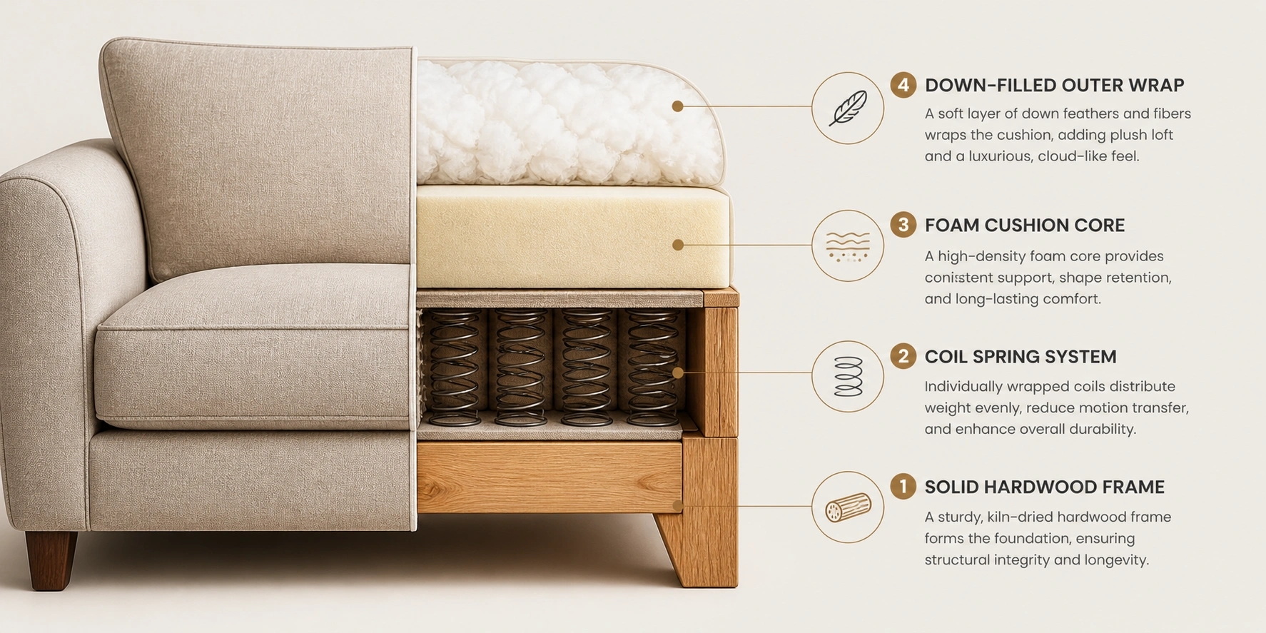 Anatomy of a comfortable sofa showing cushion fill, seat depth, back support, and spring system layers