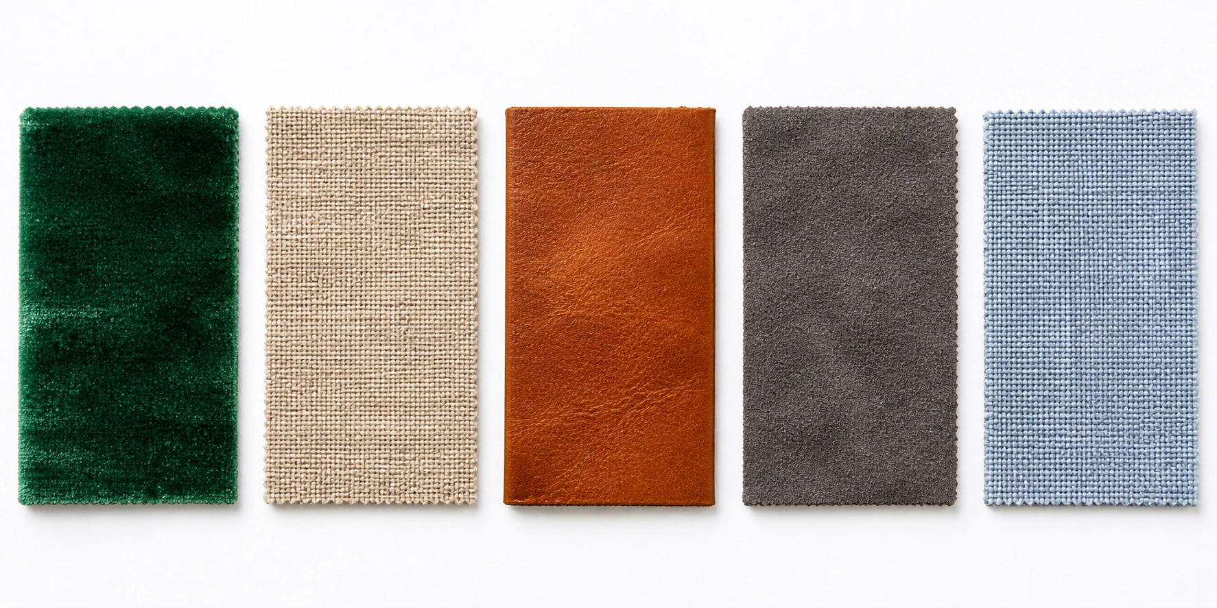 Close-up textures of different sofa upholstery fabrics including linen, velvet, leather, and microfiber