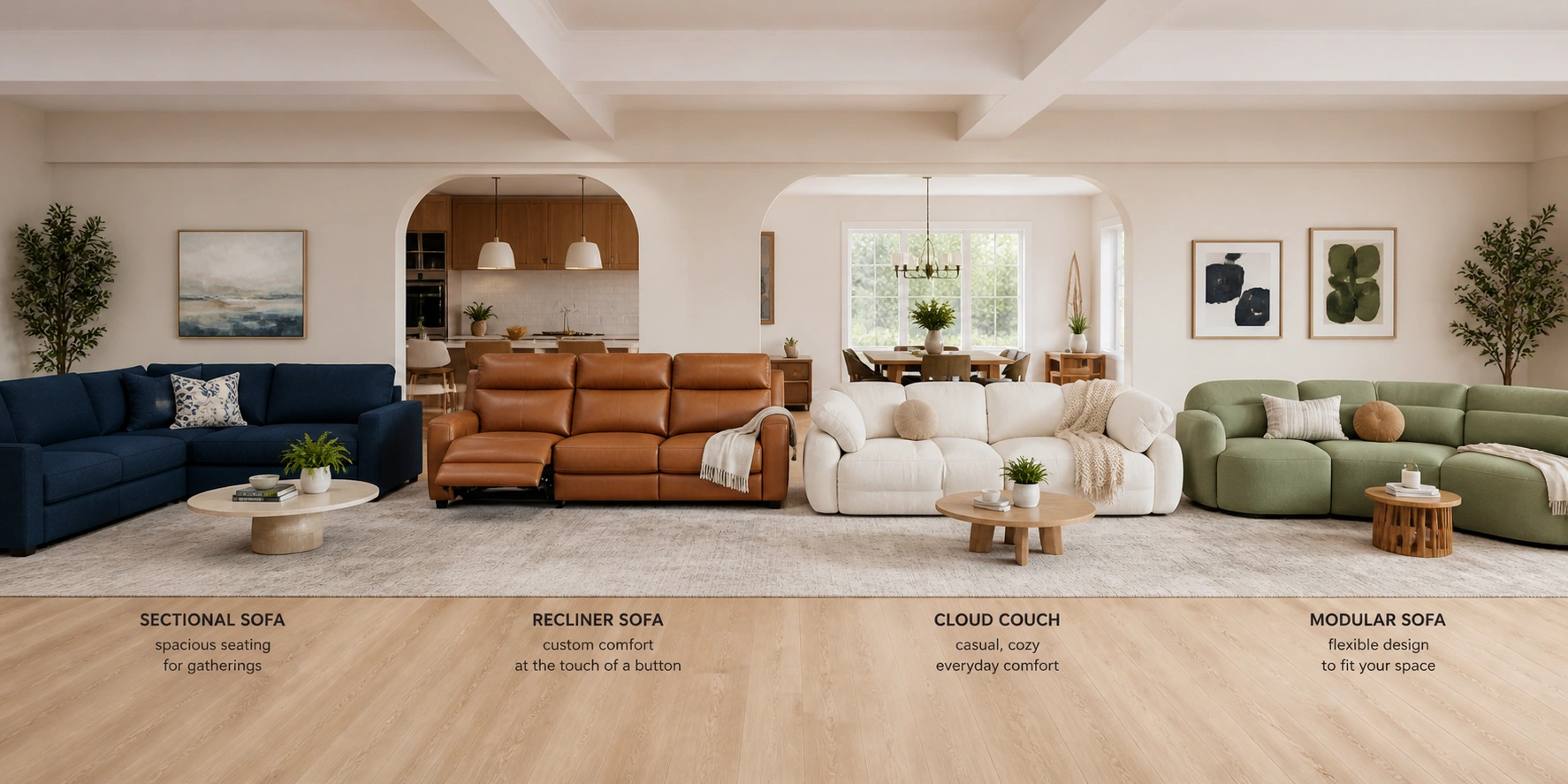 Side-by-side comparison of comfortable sofa types including sectional, recliner, deep-seat, and cloud couch