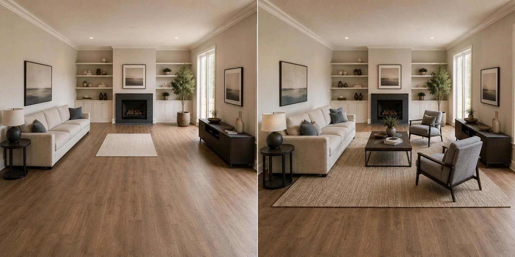Side-by-side comparison of bad and good living room layout arrangements