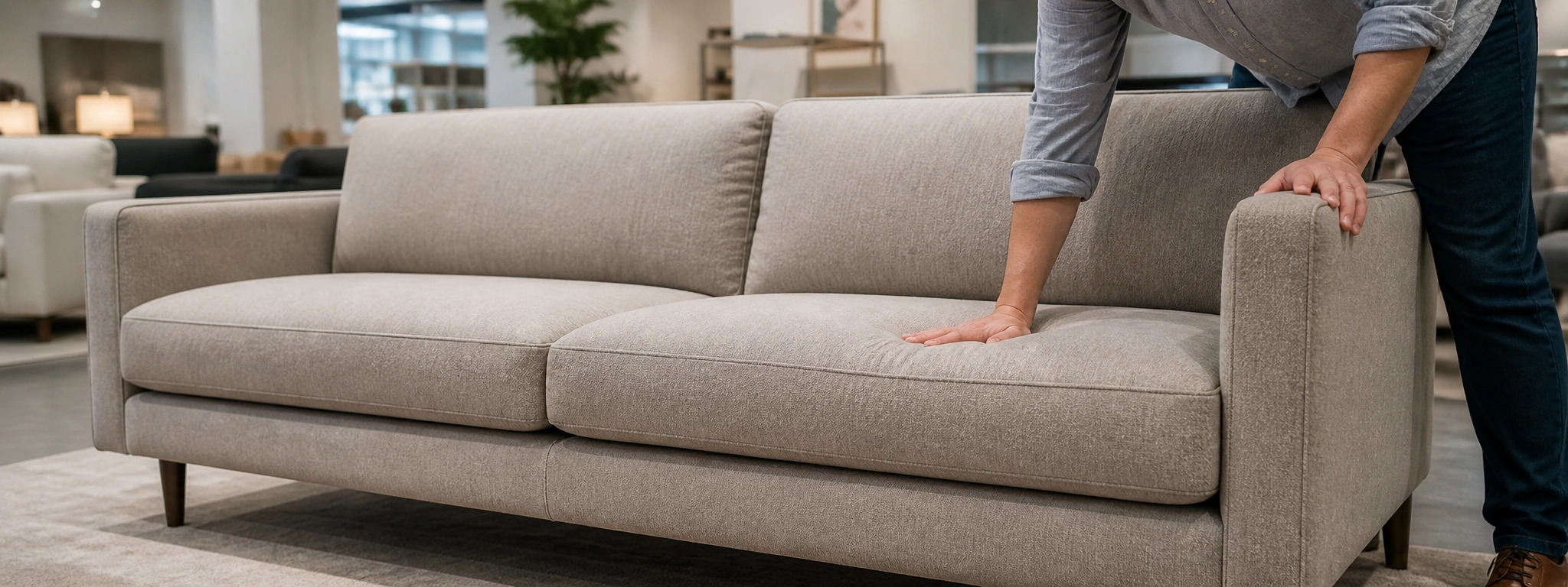 Person testing a contemporary sofa in a showroom checking cushion firmness and frame quality