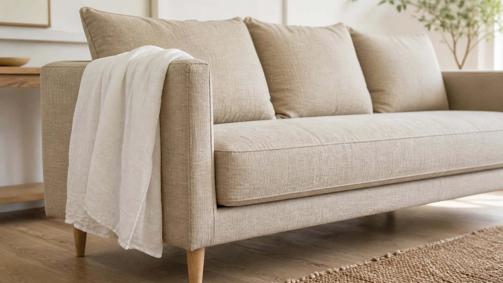 Contemporary linen sofa in natural beige color with relaxed cushions