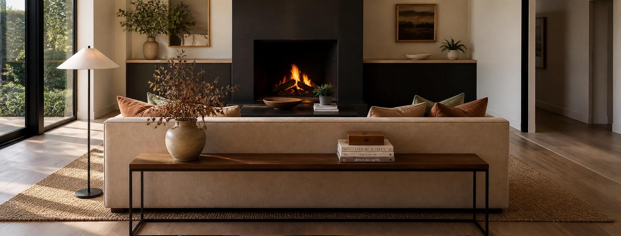 Contemporary sofa in a modern living room setting with neutral tones and clean layout