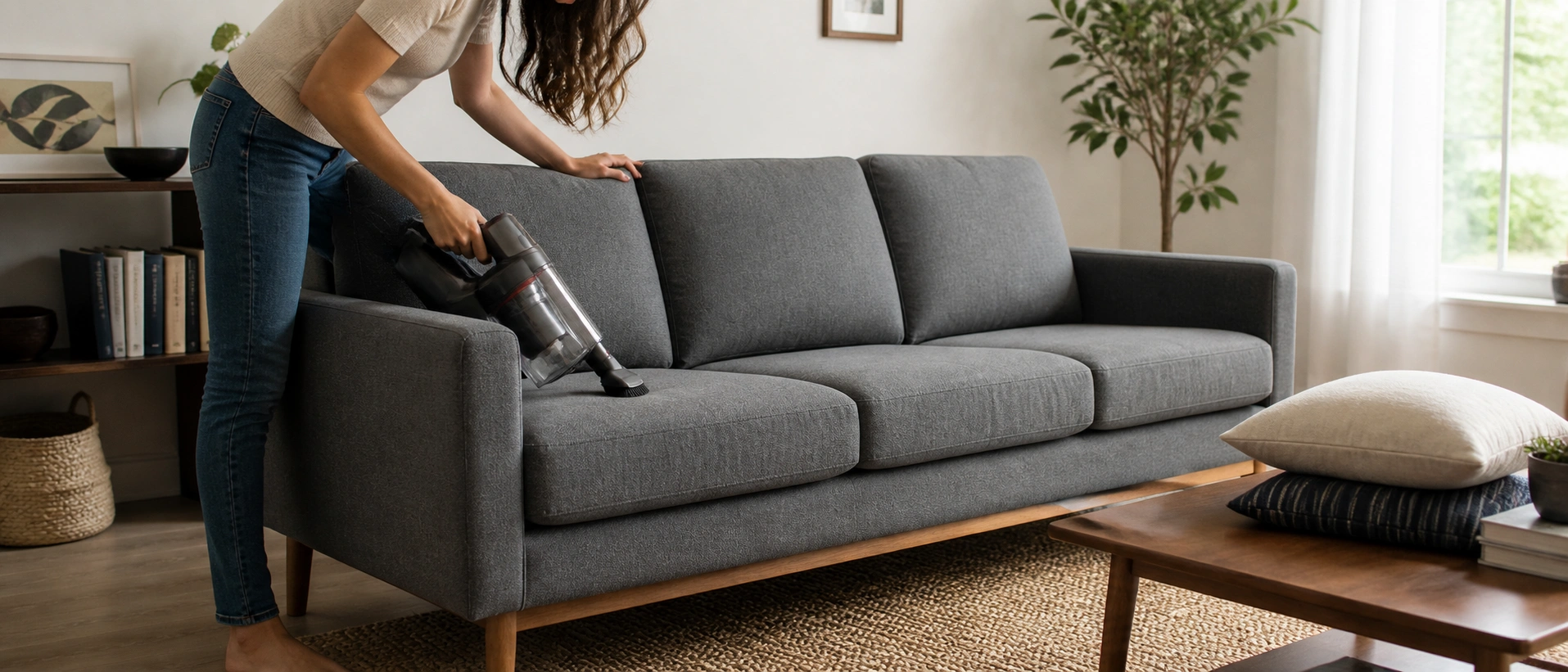 Person vacuuming a contemporary fabric sofa as part of regular maintenance routine
