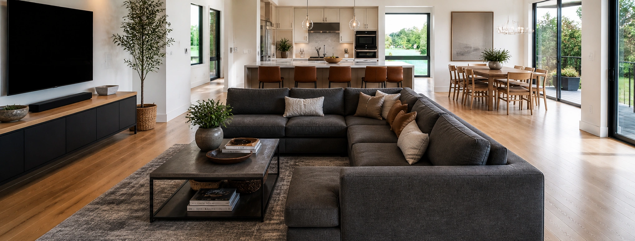 Contemporary sectional sofa used as room divider in an open floor plan living space