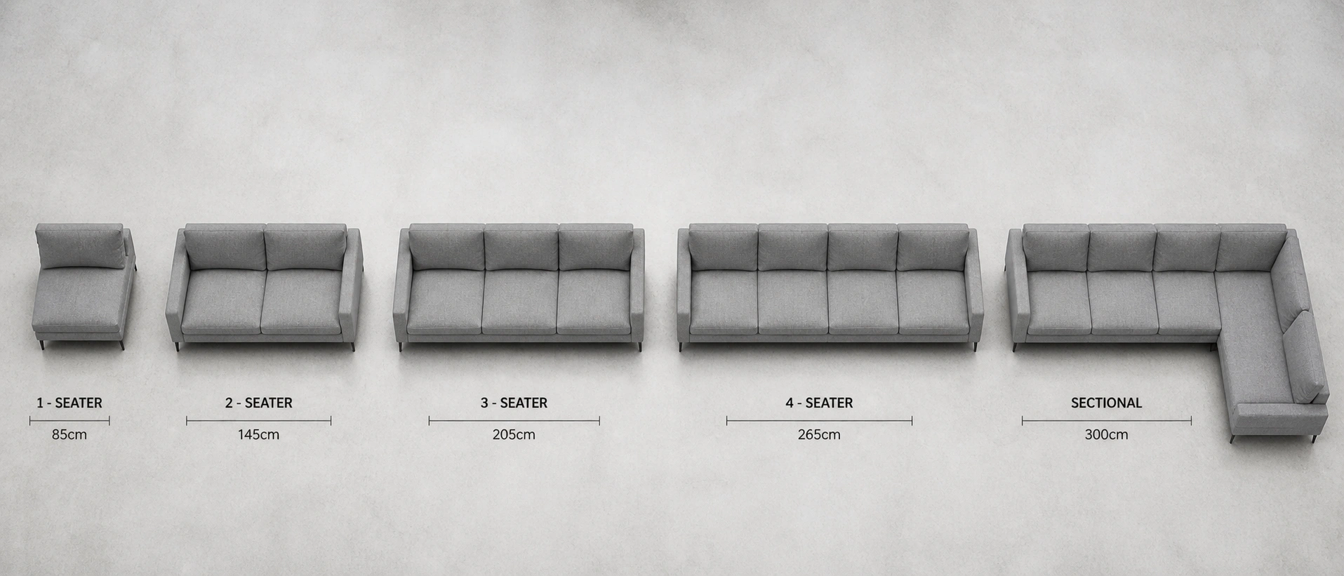 Different sizes of contemporary sofas from loveseat to sectional arranged for comparison