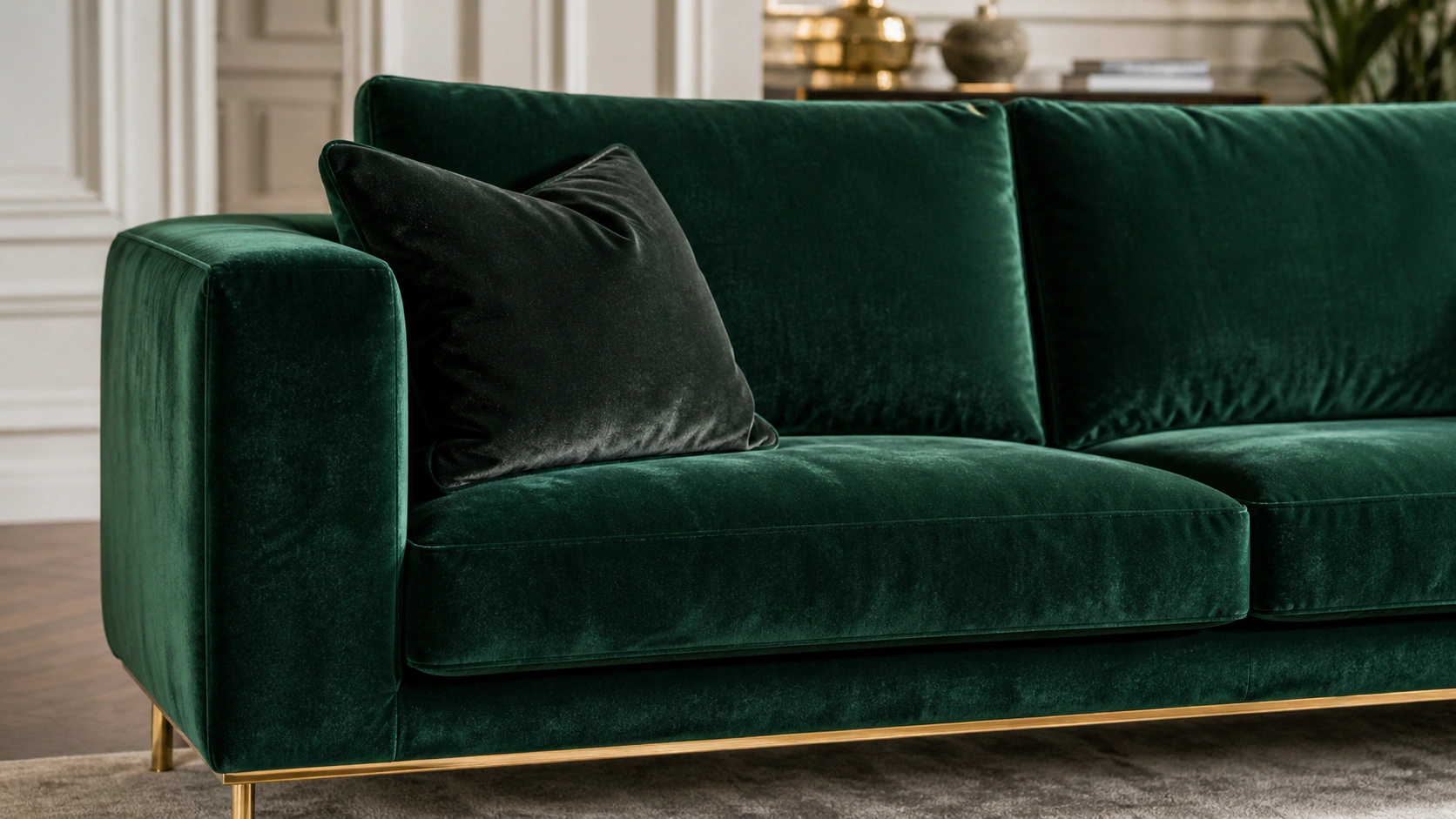 Contemporary velvet sofa in emerald green with gold legs