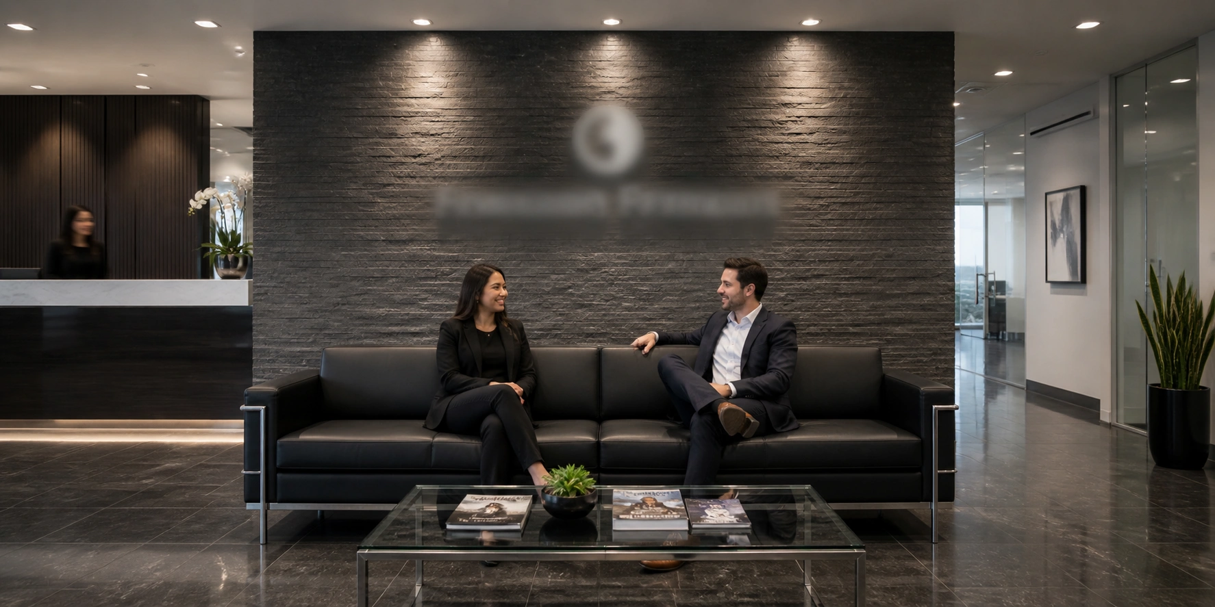 Corporate office reception with modern leather sofa and glass coffee table in professional setting