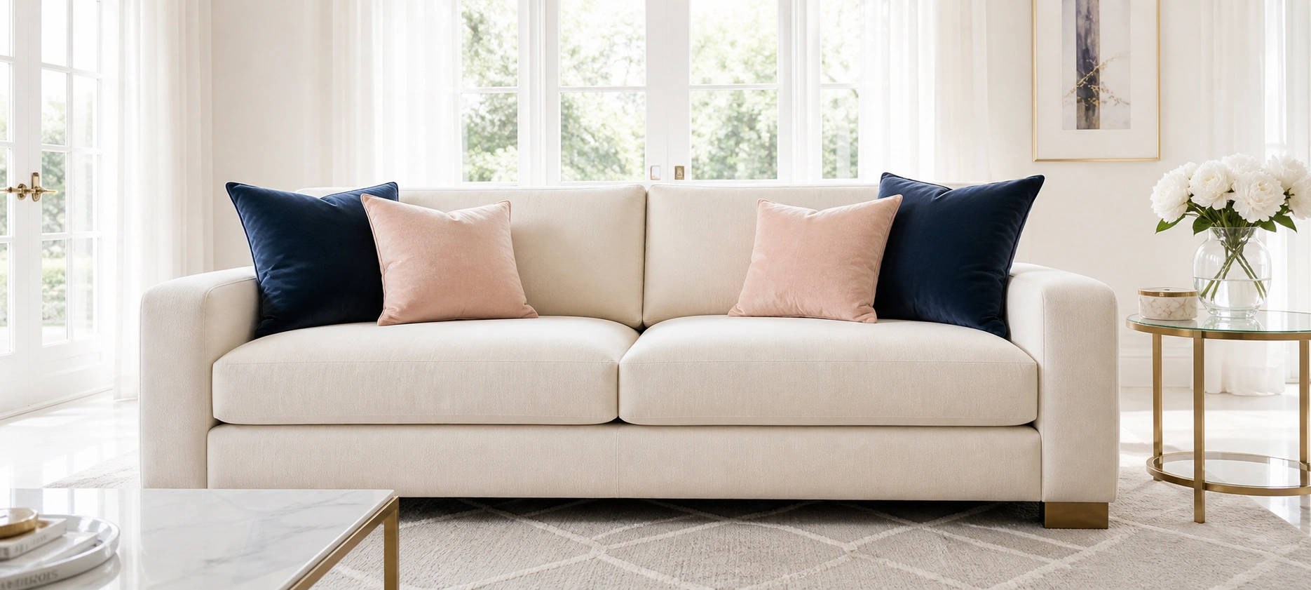 Cream colored sofa in an elegant bright living space