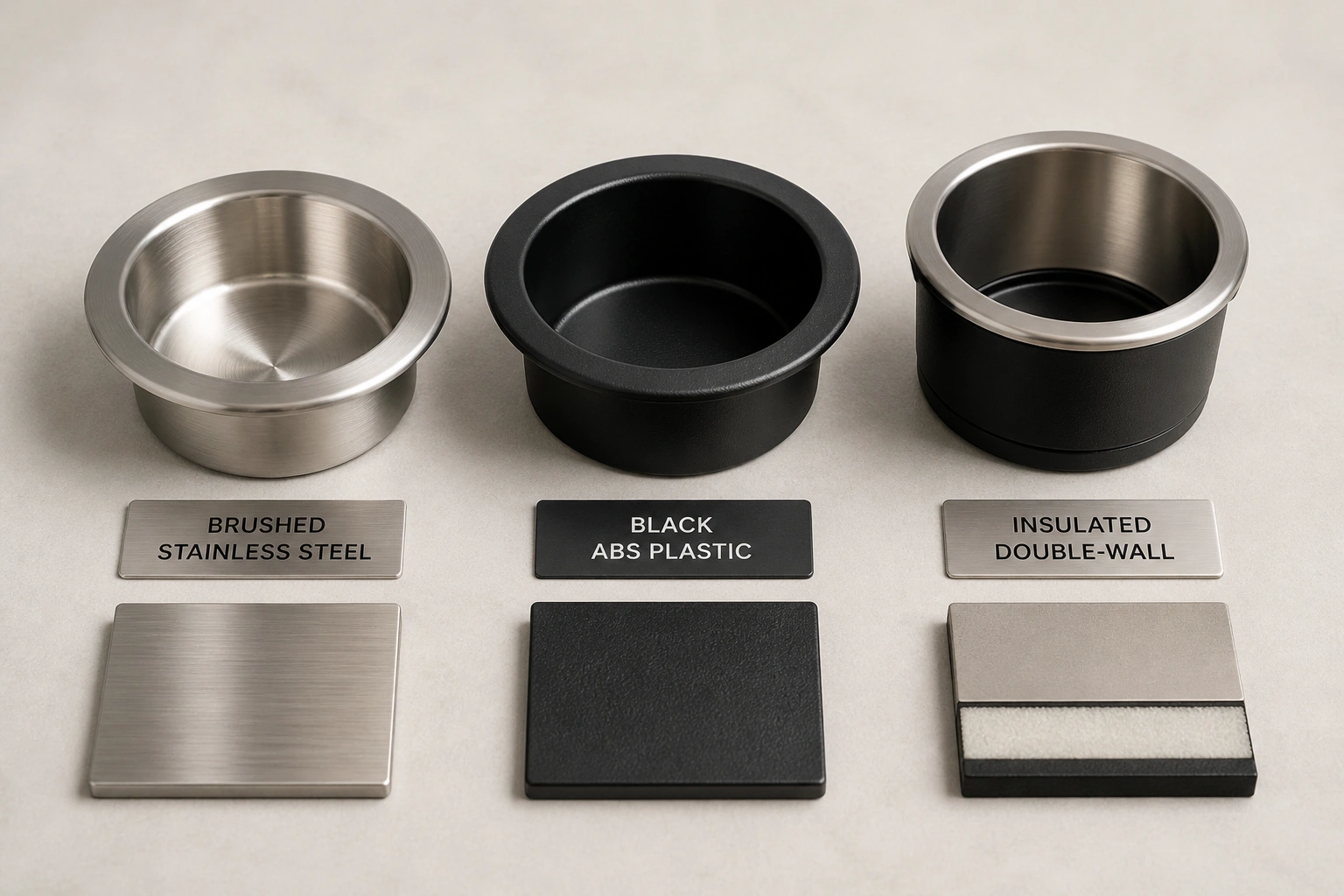 Different cup holder materials: plastic, stainless steel, and insulated designs