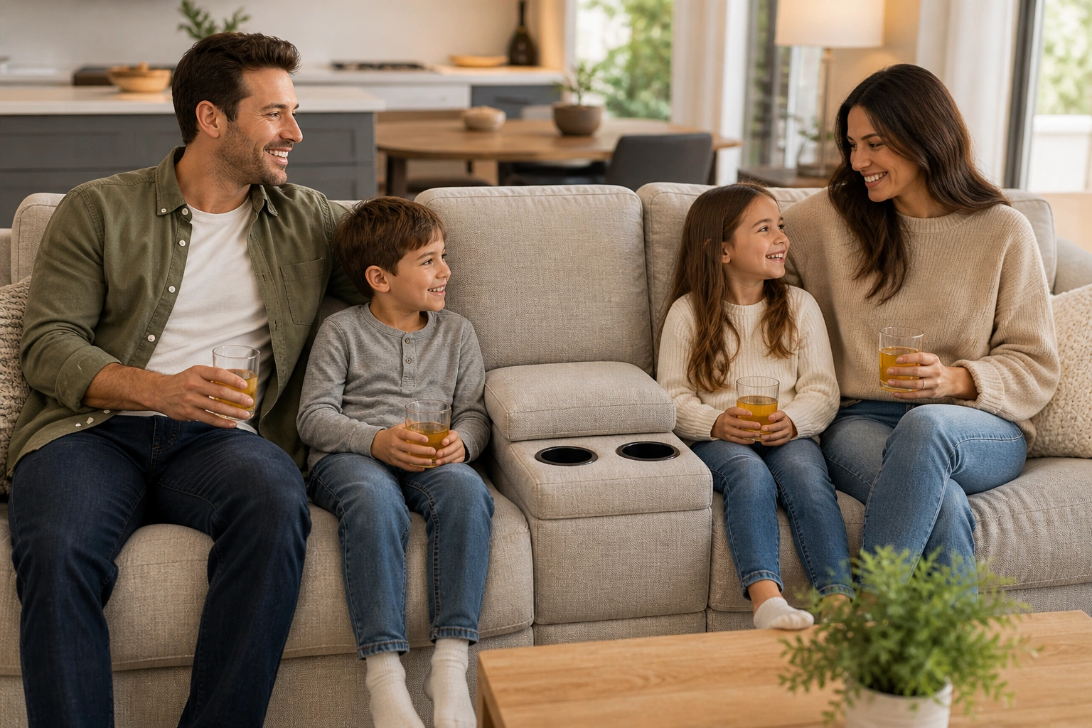 Family enjoying drinks on a sofa with built-in cup holders