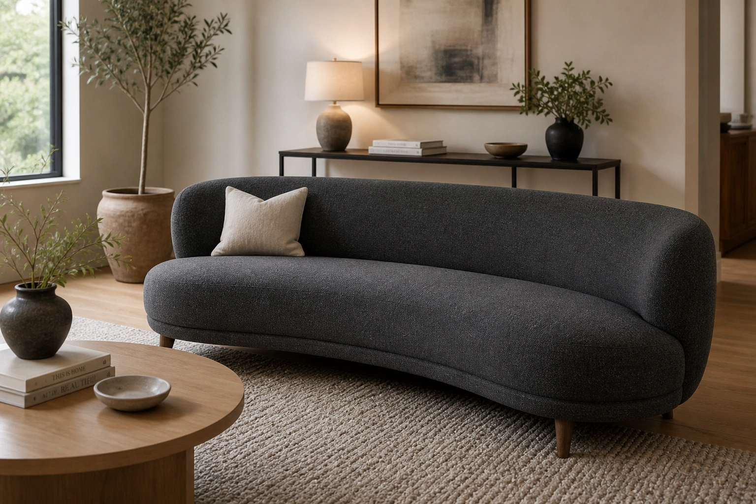 Curved sofa in a modern living room with natural light