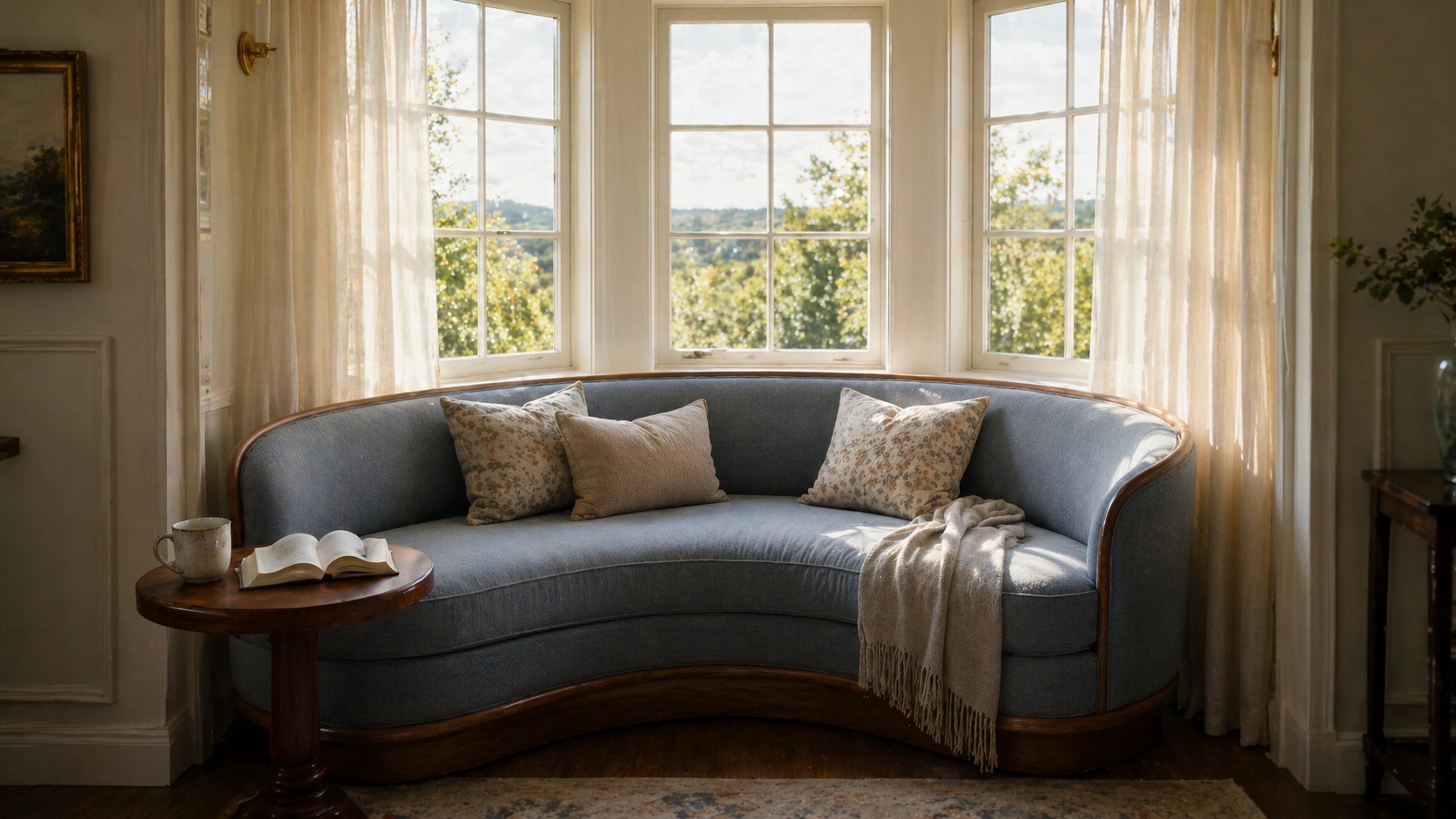 Curved sofa nestled inside a bay window alcove