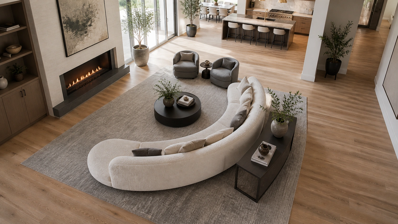 Curved sofa floating in center of open living space