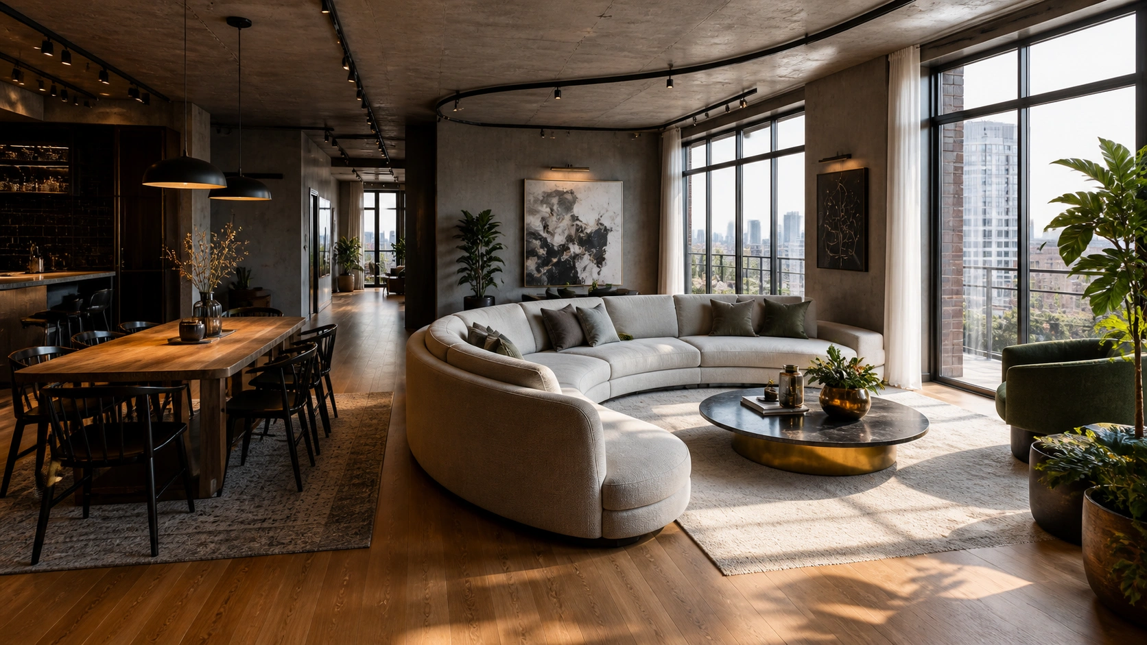 Curved sofa used as room divider between living and dining