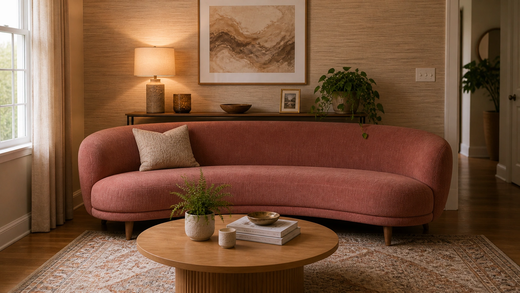 Curved sofa positioned against a feature wall