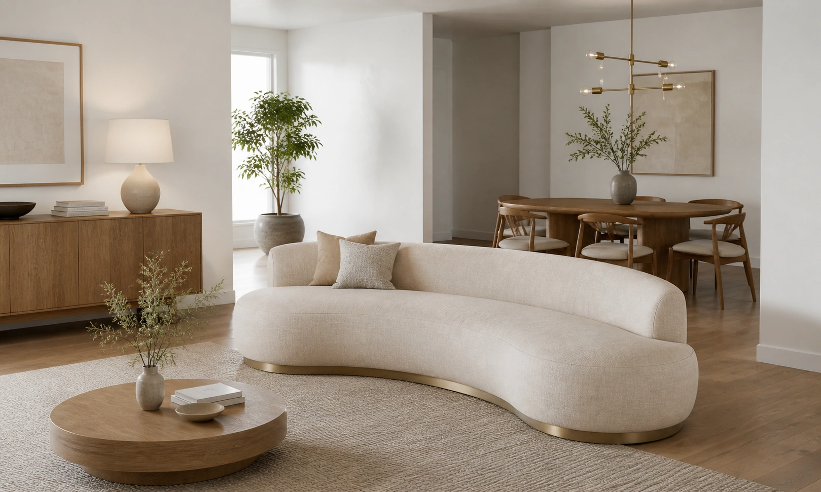 Crescent curved sofa with subtle arc design