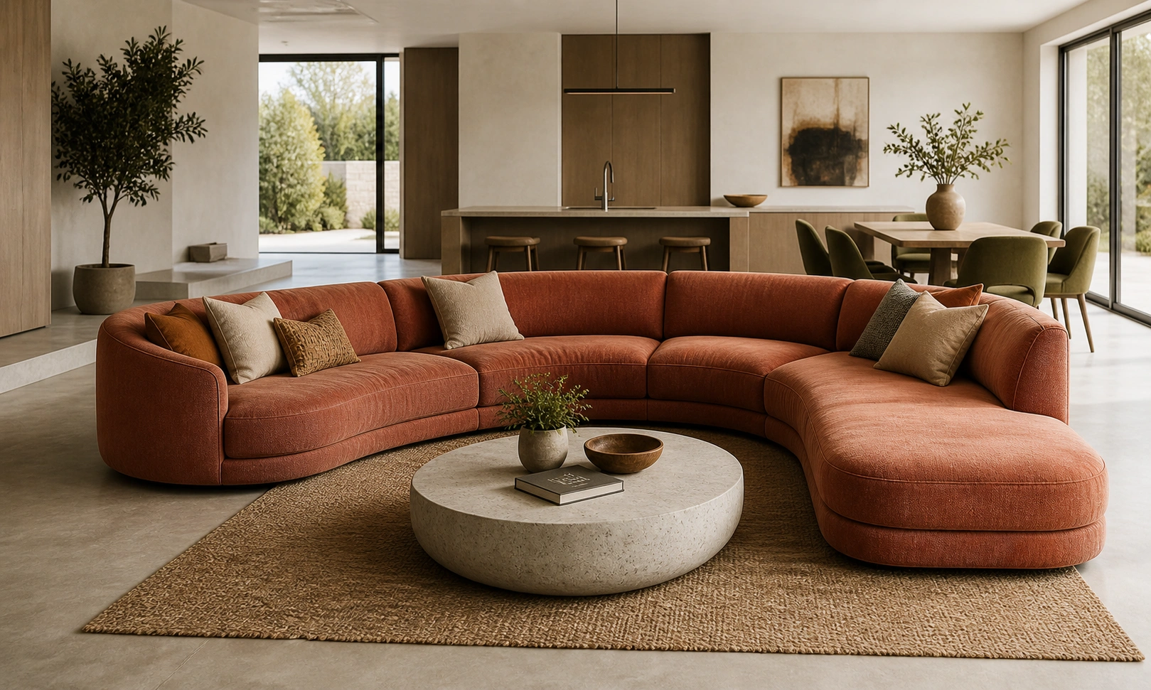 Curved sectional sofa in L-shape configuration