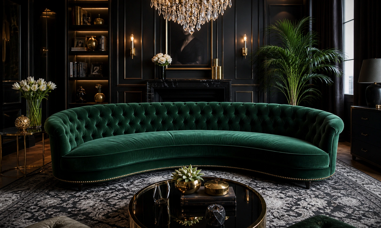 Tufted curved sofa with classic button details