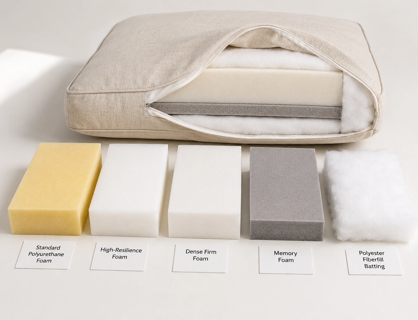 Different types of sofa cushion fill materials arranged side by side including foam down and polyester