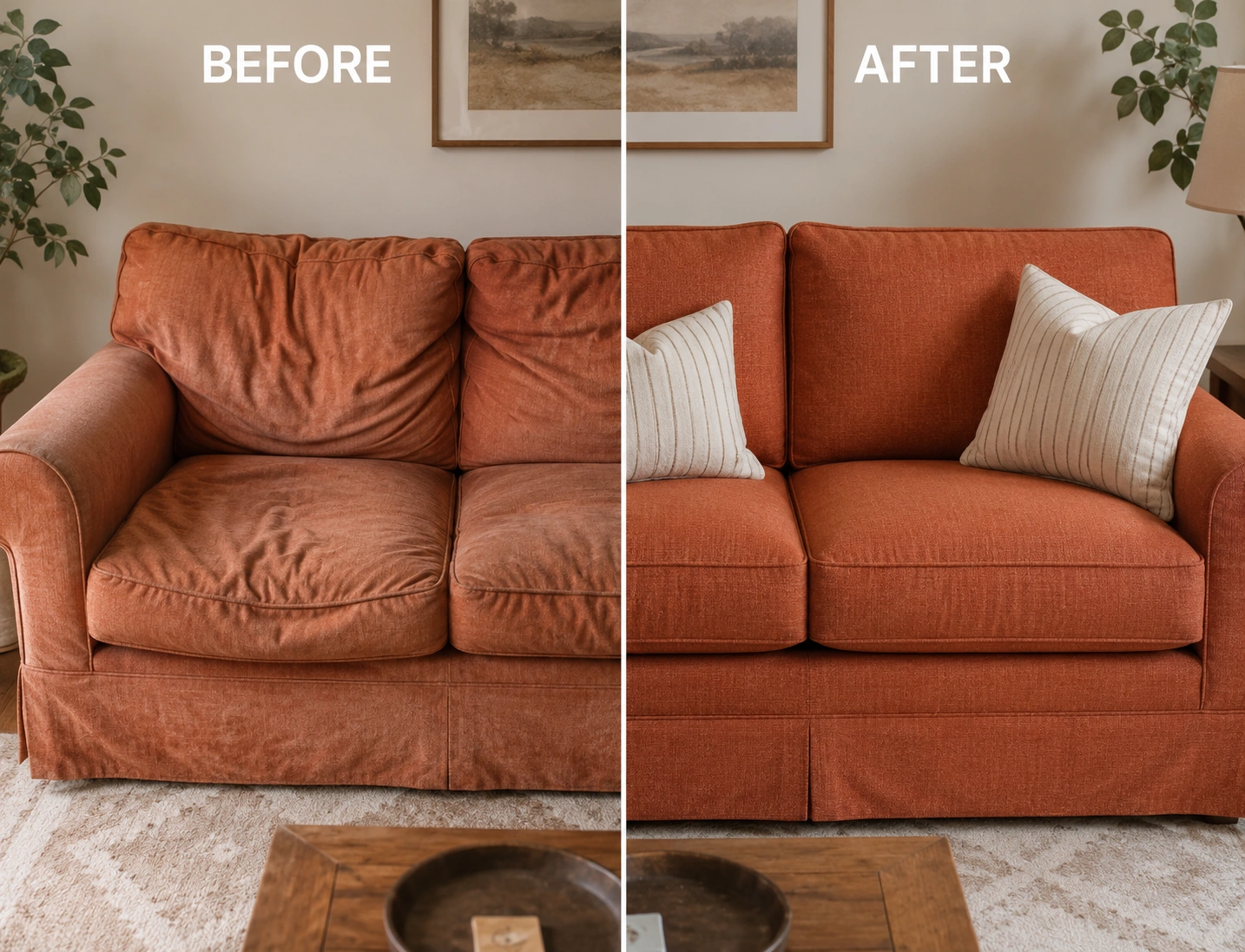 Before and after sofa cushion replacement showing flat tired cushions transformed to full supportive cushions