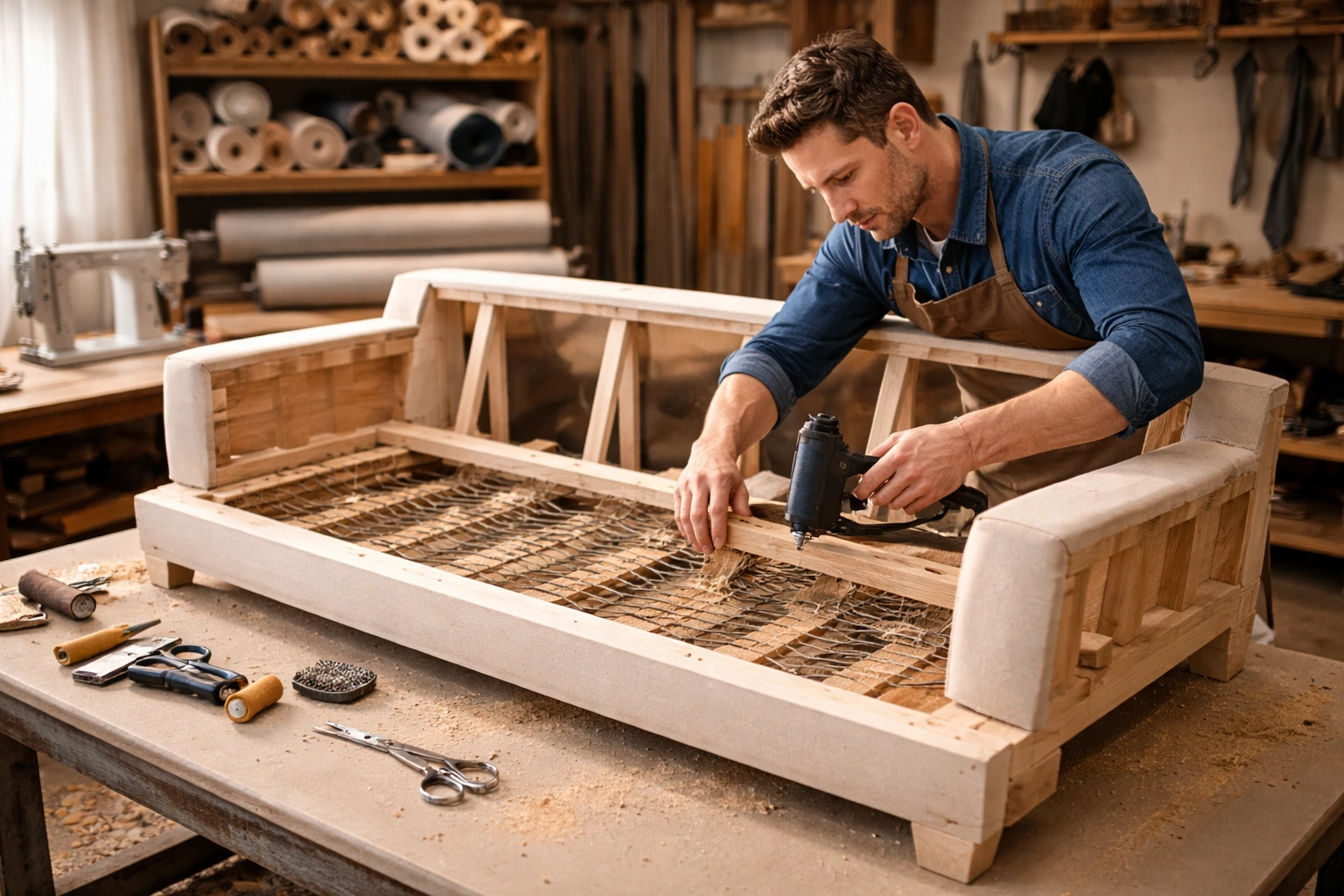 Craftsman working on a custom made-to-order sofa in a workshop