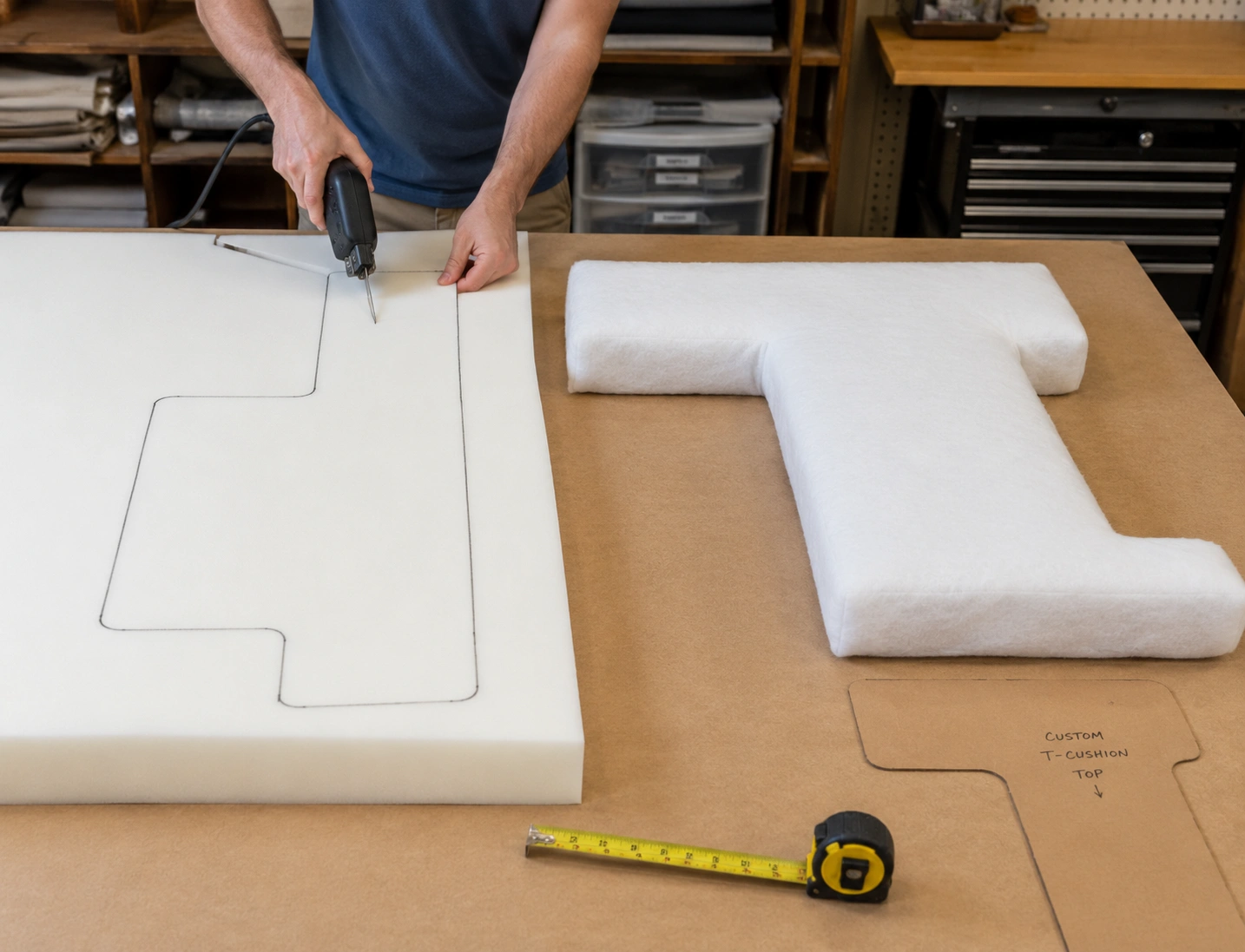 Custom cut foam cushion insert being measured and cut to exact specifications for a sofa