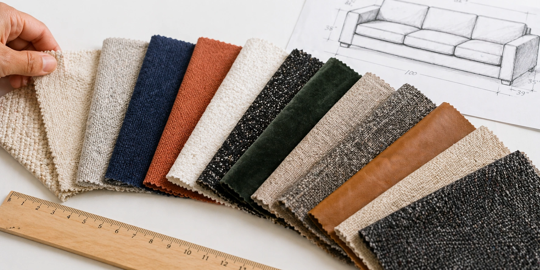 Person selecting fabric swatches for a custom sofa order