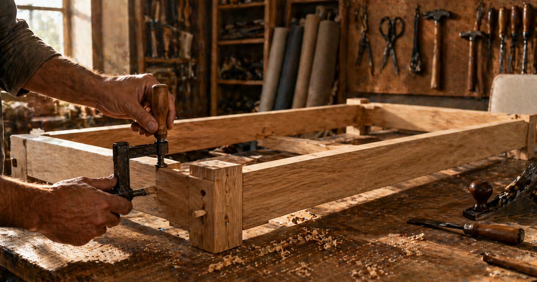 Craftsman building a custom sofa frame in a workshop