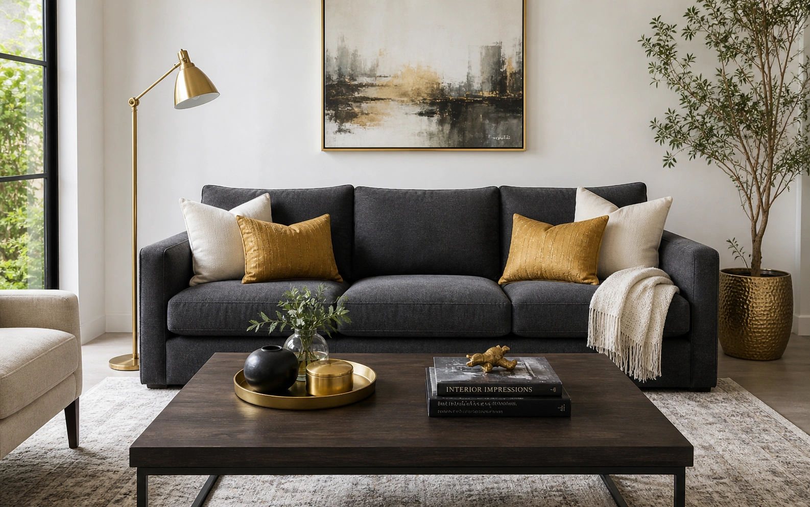 Dark grey charcoal couch in a sophisticated living space