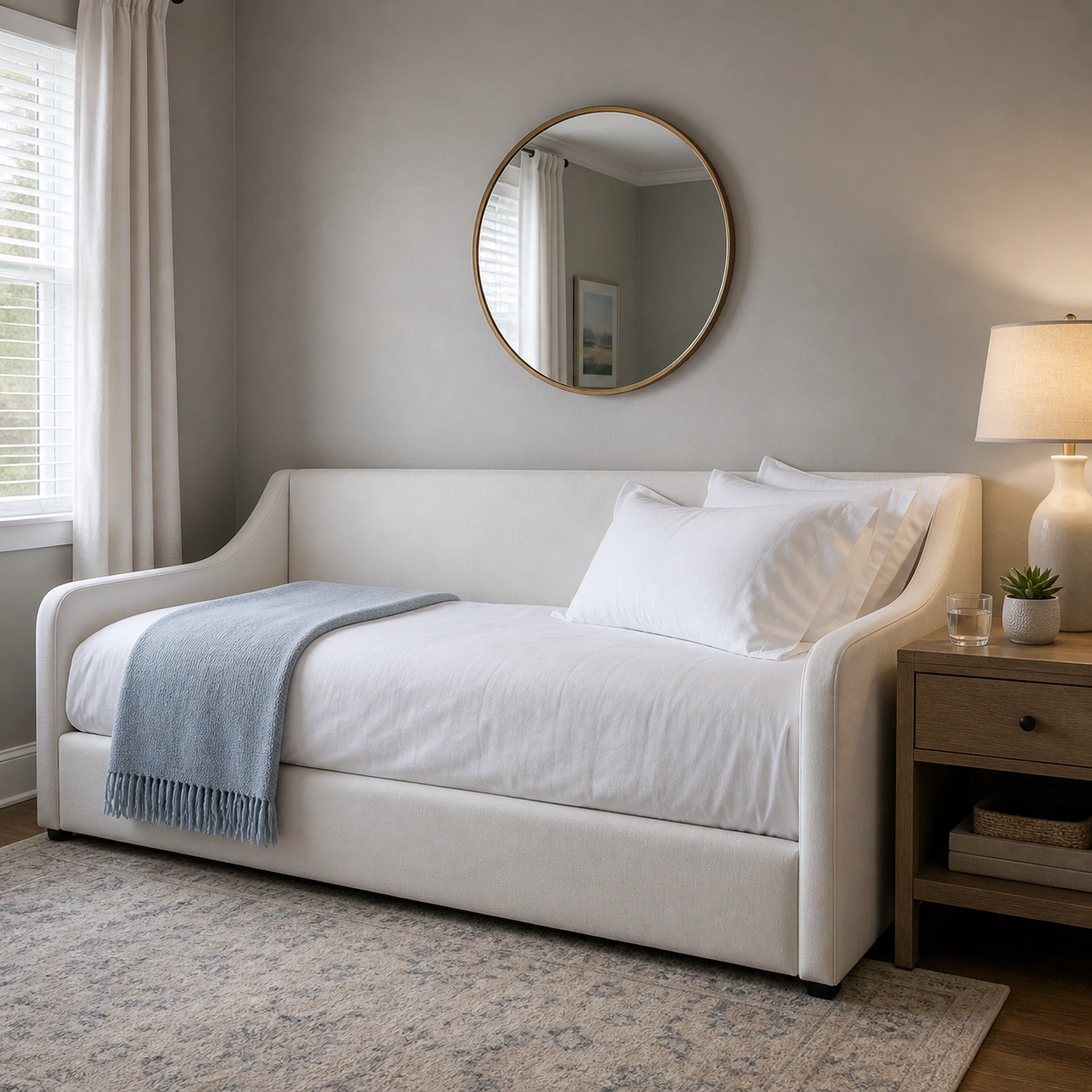 Daybed styled as a guest bed with layered linens and bedside table