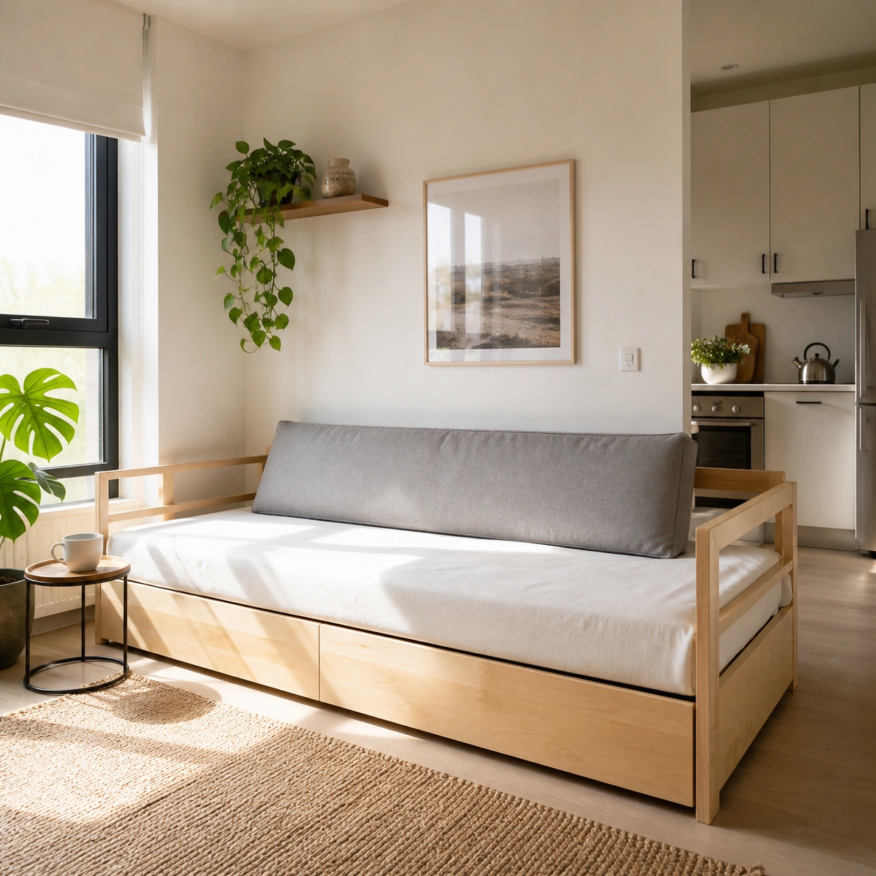 Daybed in a small studio apartment maximizing floor space