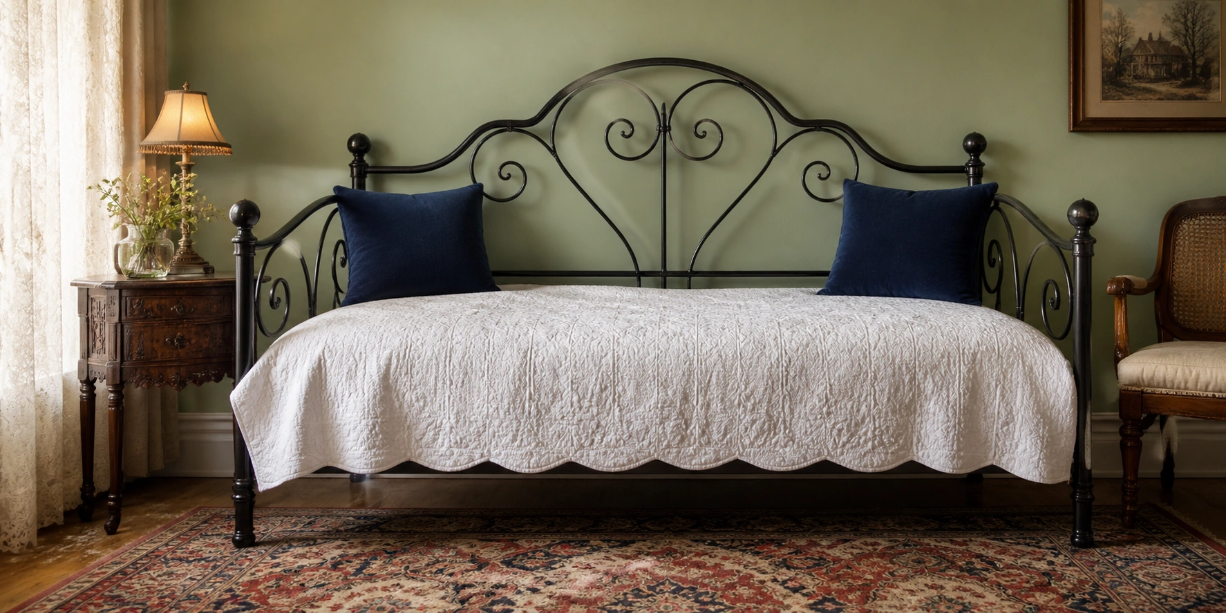 Classic metal frame daybed with ornate scrollwork in a vintage-style room