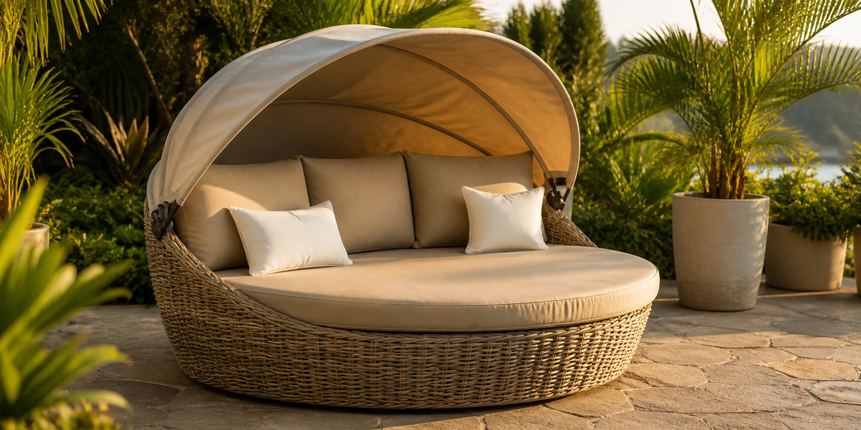 Weather-resistant outdoor daybed with canopy on a patio