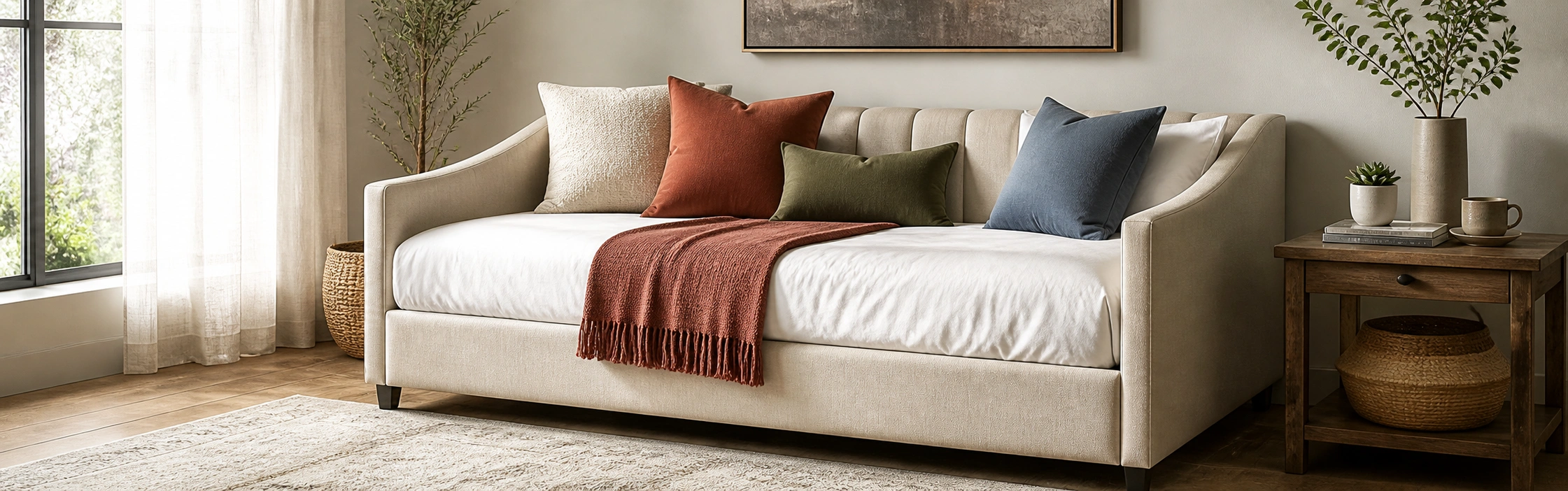 Beautifully styled daybed sofa with throw pillows, blanket, and side table in a well-designed room