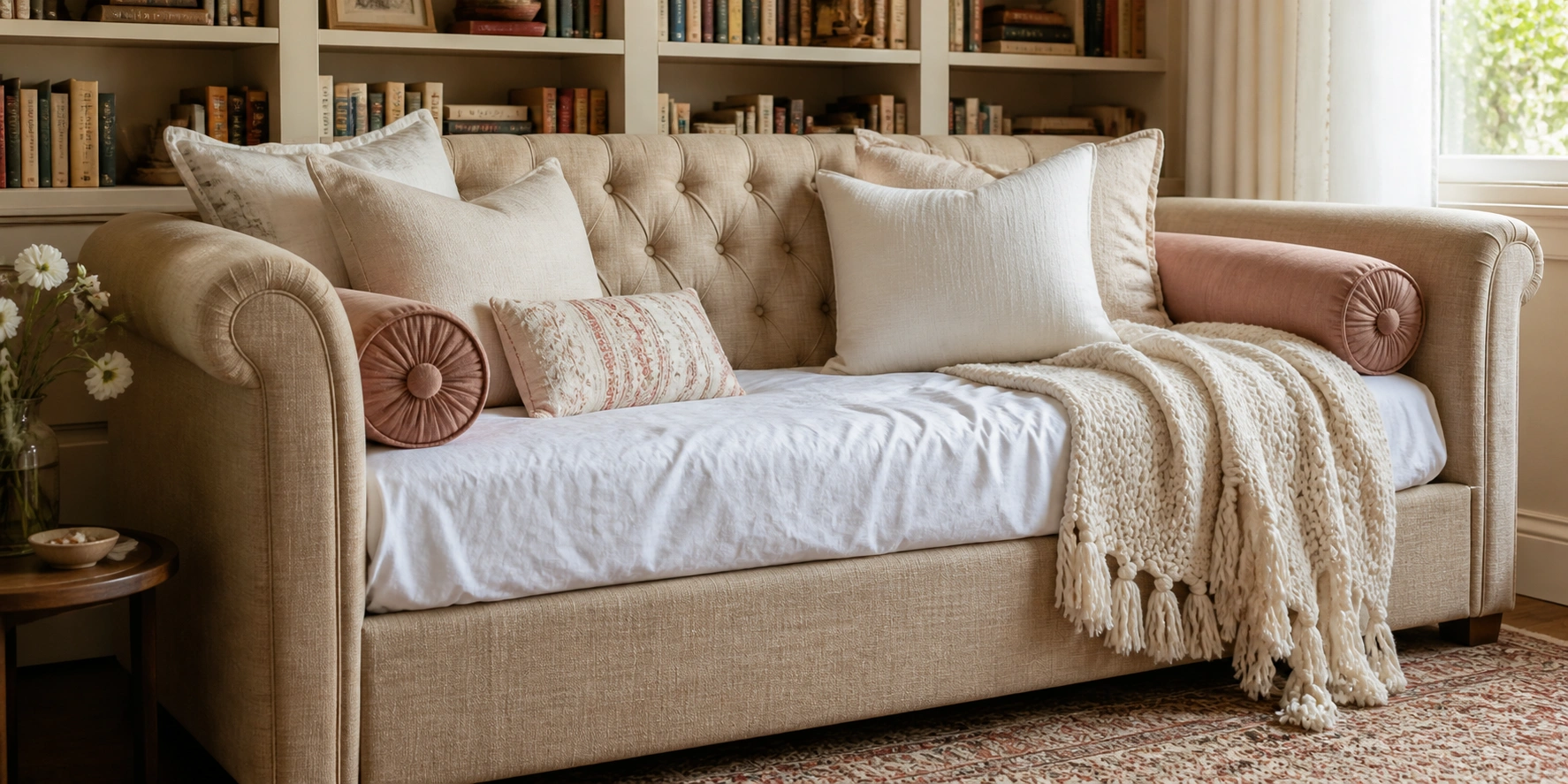 Upholstered daybed sofa with rolled arms and neutral fabric in a cozy reading nook