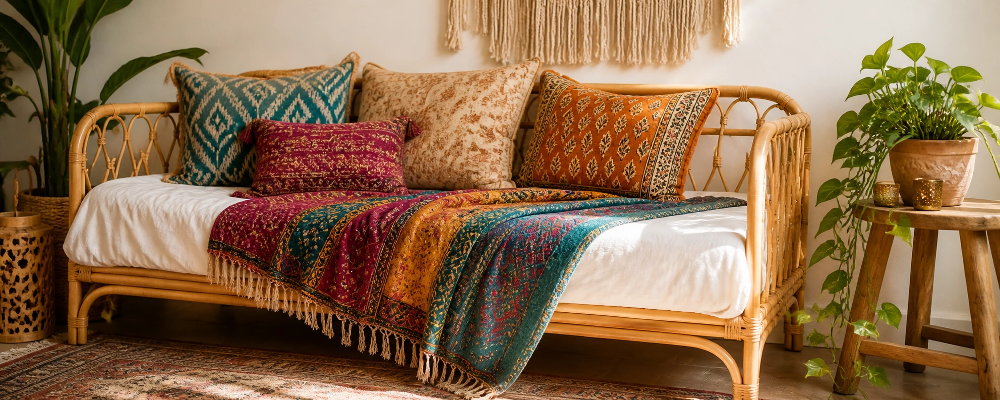 Bohemian daybed styling with patterned pillows, macrame, and plants